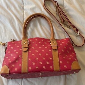 Dooney & Bourke Red Satchel with Tan Trim -Monogram Style
